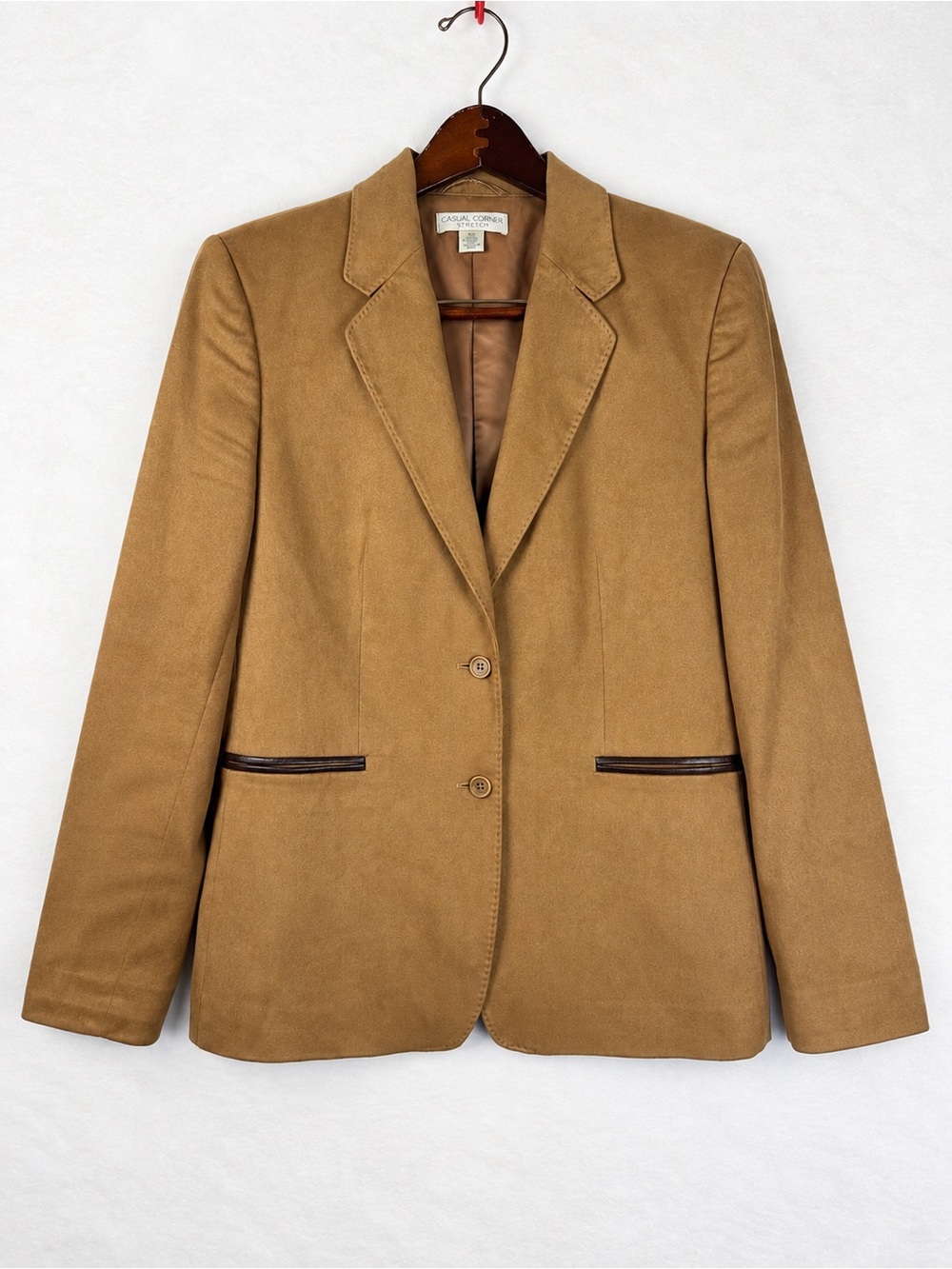 Casual Corner Tan Brown Two-Button Blazer with Dark Trim